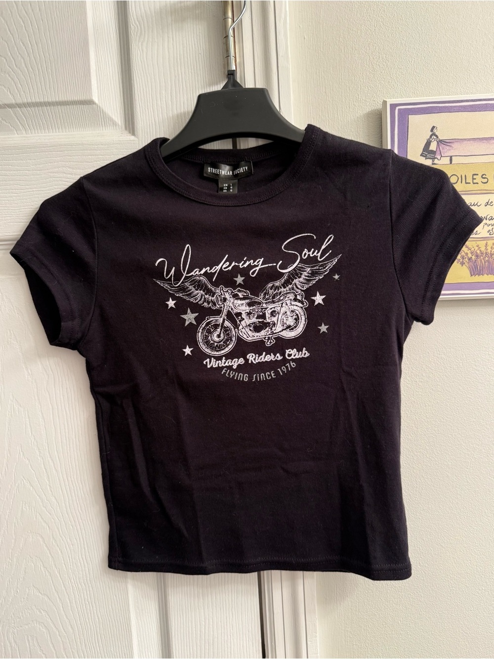 Streetwear Society Black Tee with White 'Wandering Soul' Motorcycle Graphic
